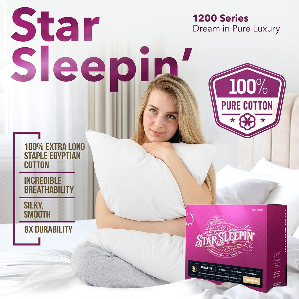 TEXAS LINEN CO. 100% Egyptian Cotton Sheets King Size Set - 1200 Series Star Sleepin' Damask Egyptian Cotton Luxury Sheets King Size (4 PC, White Stripe), 17' Deep Pocket, Sateen Hotel Bedding Set