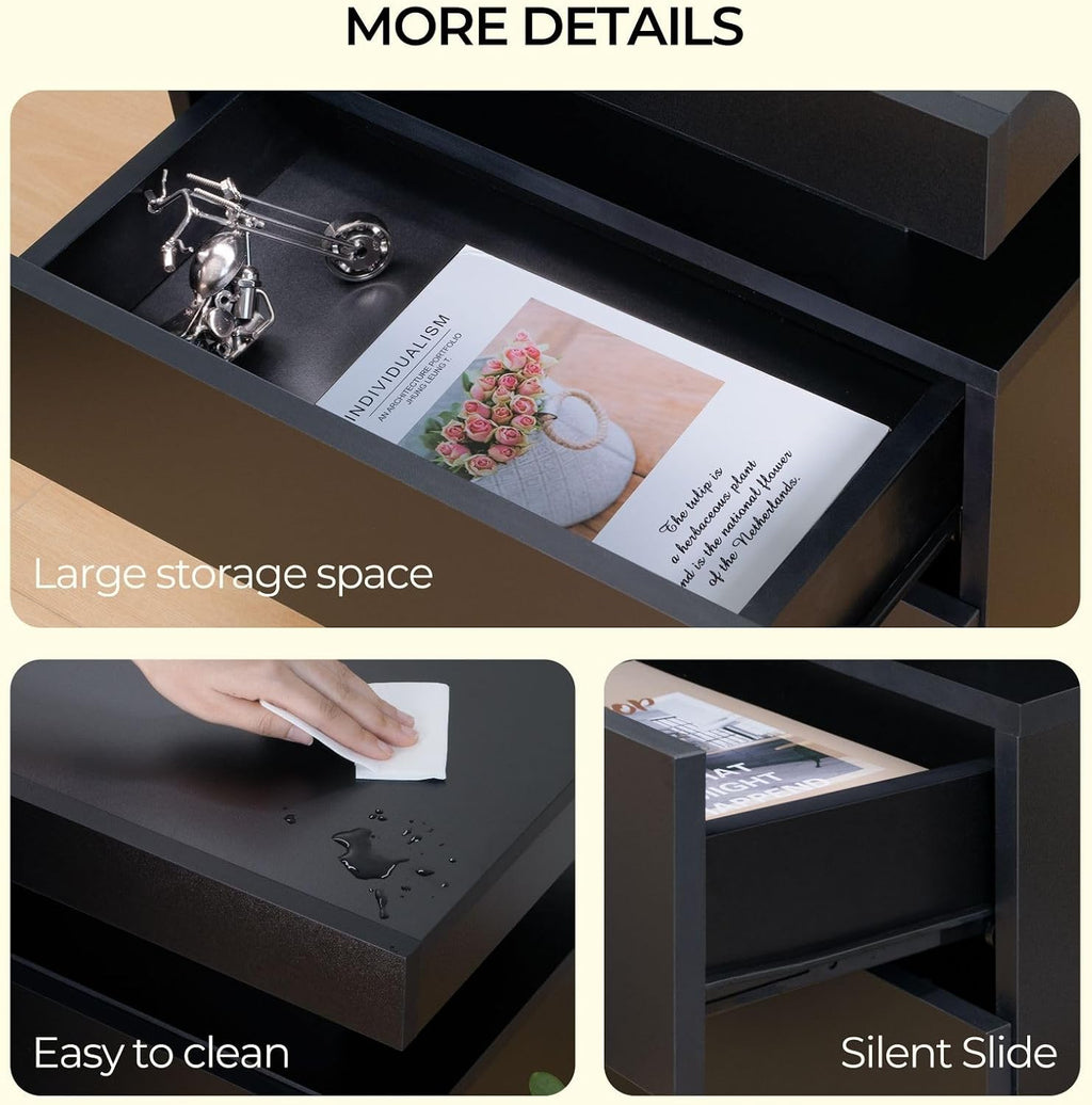 Bingoday Black Nightstand Set of 2 Black Bedside Tables Set of 2 LED Night Stand Set 2 Wood Nightstand Set of 2 with 2 Drawers for Bedroom Living Room