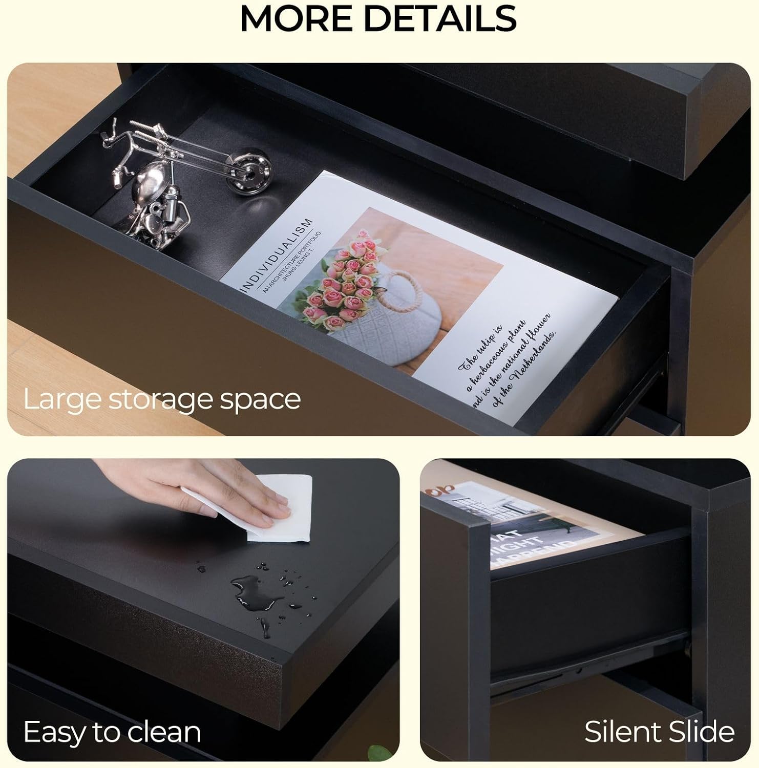 Bingoday Black Nightstand Set of 2 Black Bedside Tables Set of 2 LED Night Stand Set 2 Wood Nightstand Set of 2 with 2 Drawers for Bedroom Living Room