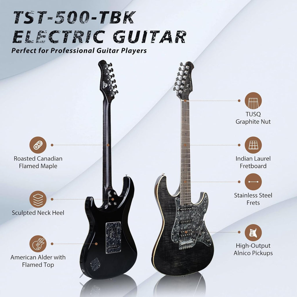 TOSTAR 39inch Telecaster Solid Body Electric Guitar for Adults Professional Player,Full Size 6 string, 2-Point Tremolo, Right Handed, Roasted Canadian Flamed Maple, Glossy Finish