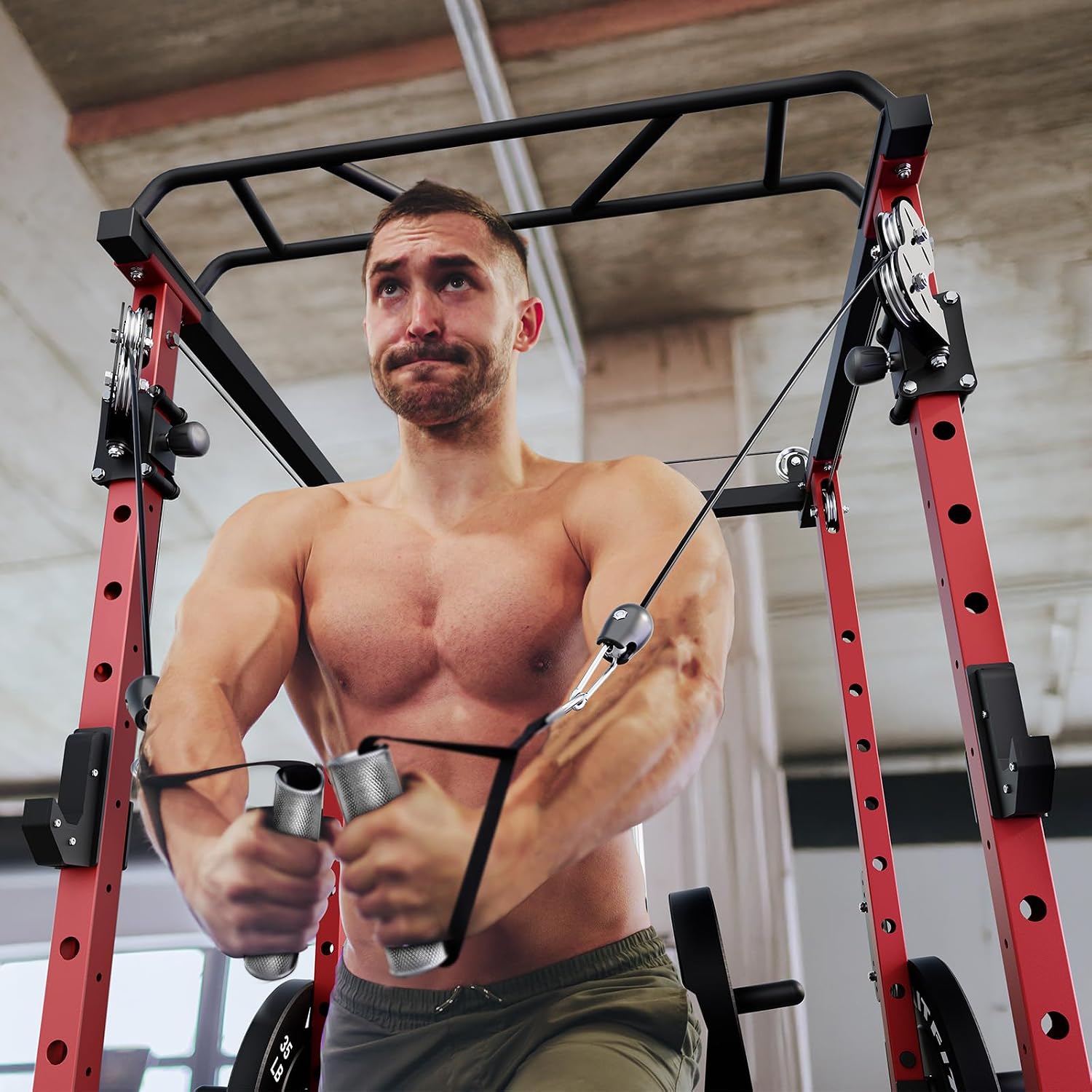 RitFit Multi-Function Garage & Home Gym Package Includes 1200LBS Power Cage PPC03/P3 with Cable Crossover System, Weight Bench, Olympic Barbell Weight Set, Full Body Workout
