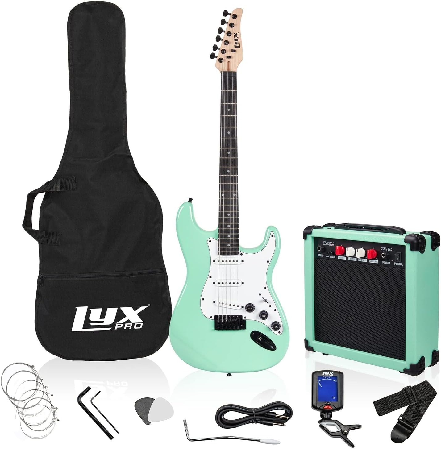 LyxPro 36 Inch Electric Guitar and Kit for Kids with 3/4 Size Beginner's Guitar, Amp, Six Strings, Two Picks, Shoulder Strap, Digital Clip On Tuner, Cable and Soft Case Gig Bag -Green