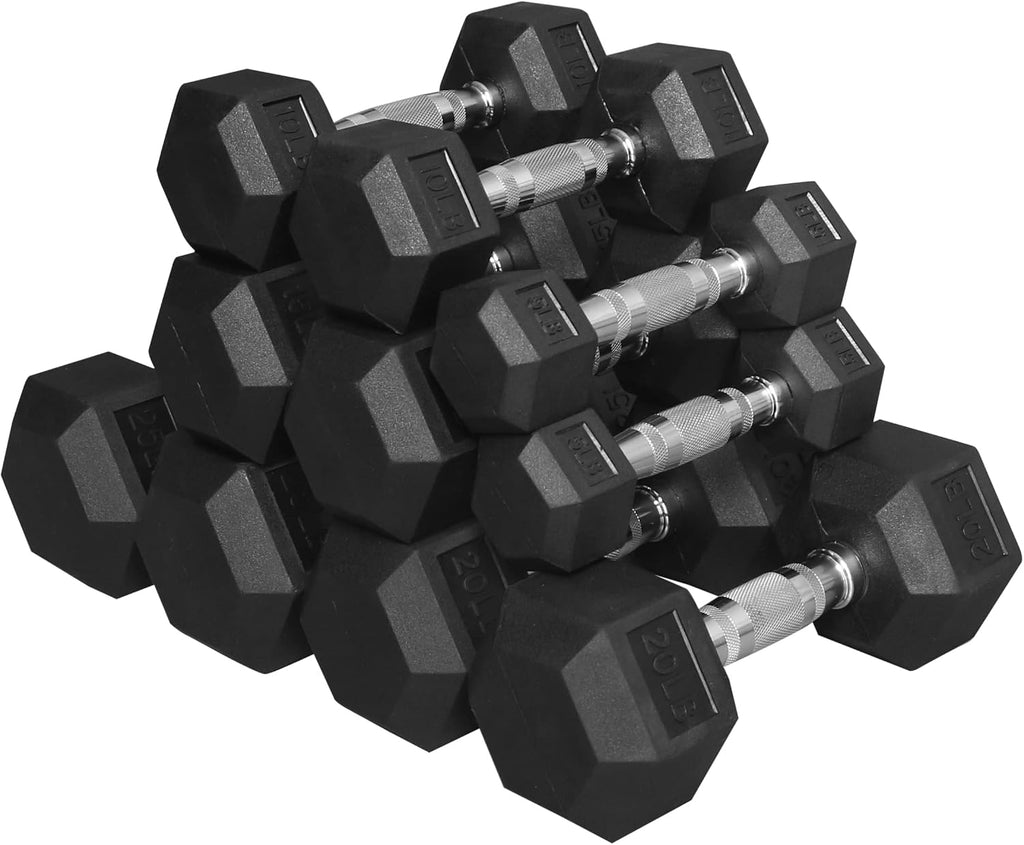 Signature Fitness Rubber Encased Hex Dumbbell, Set Including 5, 10, 15, 20, 25LB Pairs