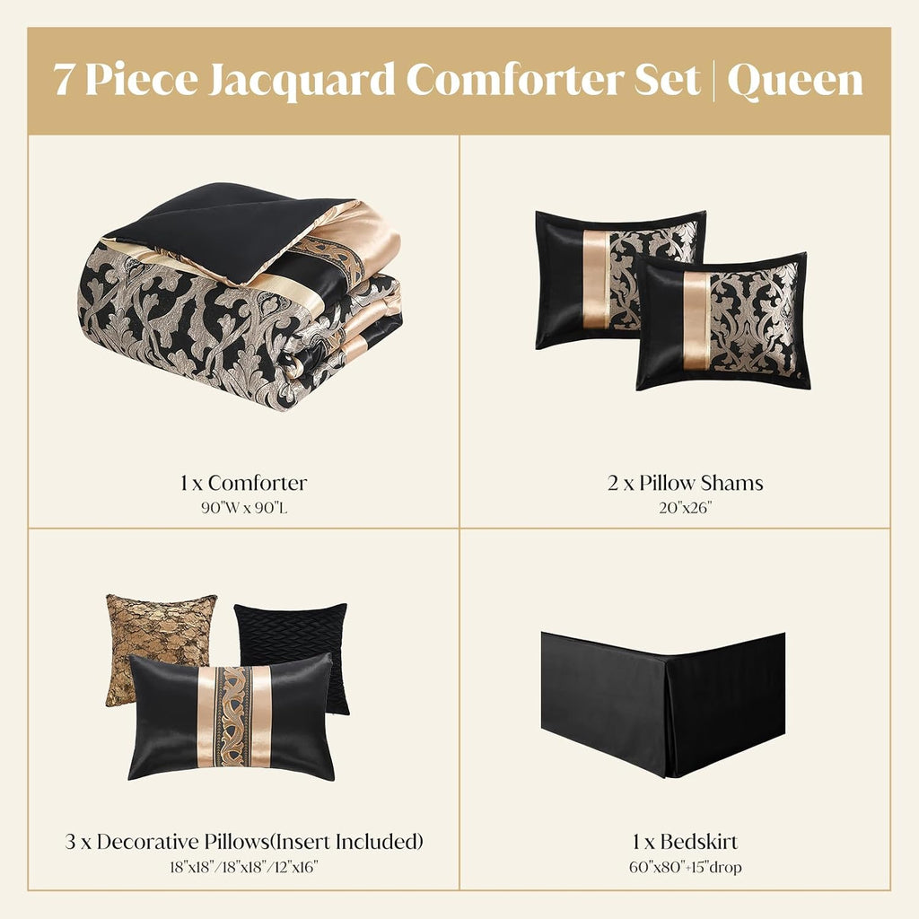CozyDH Black and Gold Jacquard Comforter Set - 7 Piece Queen Luxury Damask Patchwork Design, All-Season Down Alternative Bedding with Bed Skirt, Shams, Decorative Pillows, 90x90 in