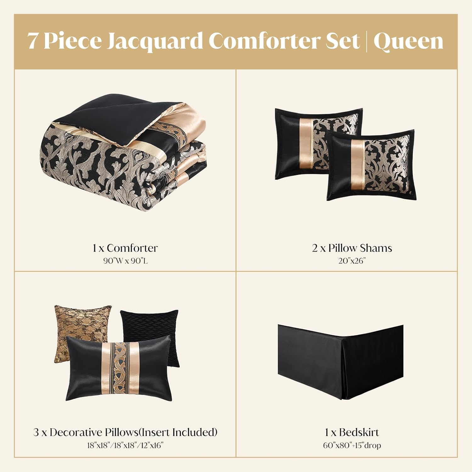 CozyDH Black and Gold Jacquard Comforter Set - 7 Piece Queen Luxury Damask Patchwork Design, All-Season Down Alternative Bedding with Bed Skirt, Shams, Decorative Pillows, 90x90 in