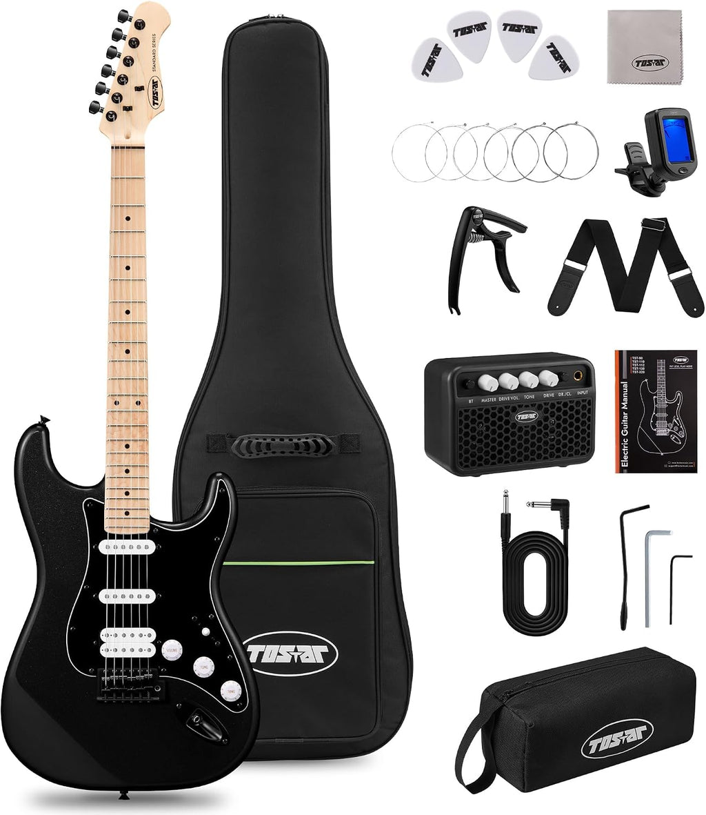 Tostar Electric Guitar 39' Kit for Beginners 6 String Bundle with Amp HSS Pickup with Gig Bag,Capo,Tremolo, Strap, Picks Black Electric Guitars Full Size for Gifts