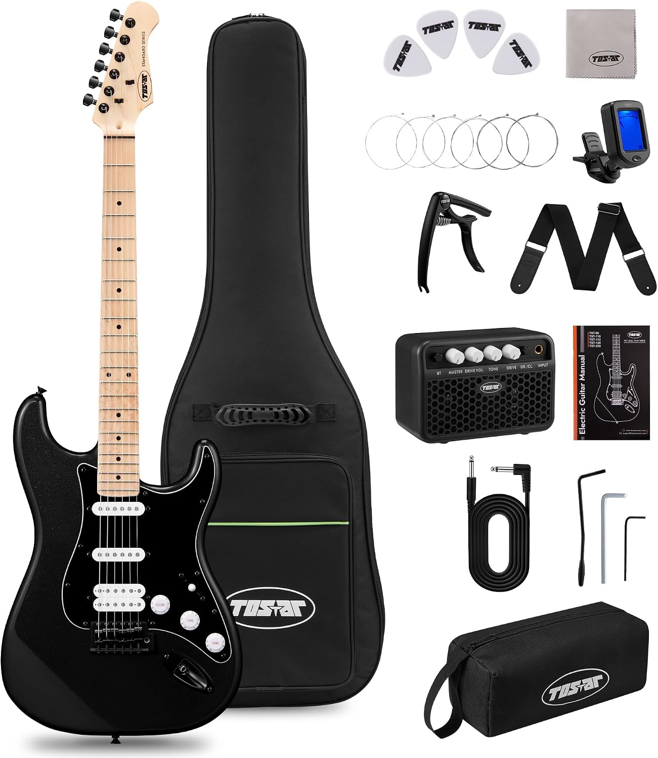 Tostar Electric Guitar 39' Kit for Beginners 6 String Bundle with Amp HSS Pickup with Gig Bag,Capo,Tremolo, Strap, Picks Black Electric Guitars Full Size for Gifts