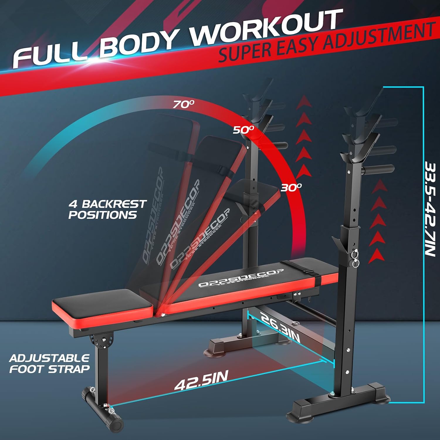 OPPSDECOR 900lbs 6 in 1 Weight Bench Set with Squat Rack, Workout Bench with Leg Extension Preacher Curl Rack Multi-Function Bench Press Set for Home Gym, ZWX1113 New Version Weight Bench