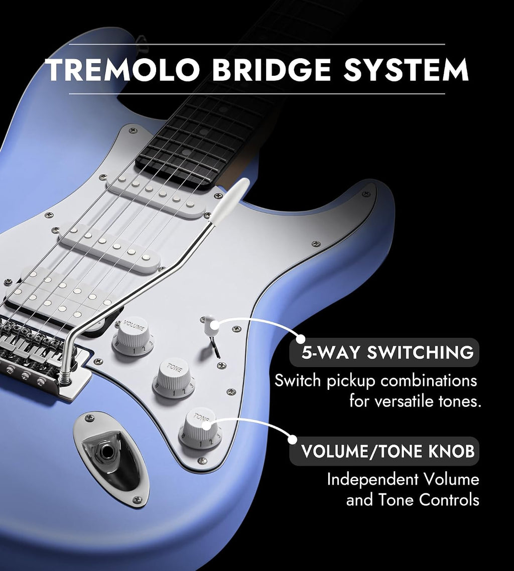 Tostar Beginner Electric Guitar, Solid Body, 39' Full Size Strat Style with HSS Pickups, 5-Way Switch, Tremolo Bridge, Maple Neck & Tectona Fretboard, Ideal for Beginners and Gifting, Blue