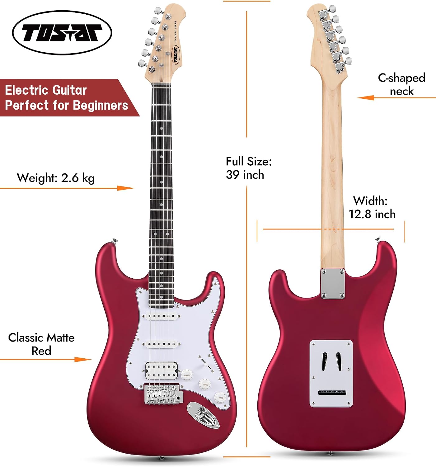 Tostar Beginner Electric Guitar, Solid Body, 39' Full Size Strat Style with HSS Pickups, 5-Way Switch, Tremolo Bridge, Maple Neck & Tectona Fretboard, Ideal for Beginners and Gifting, Red