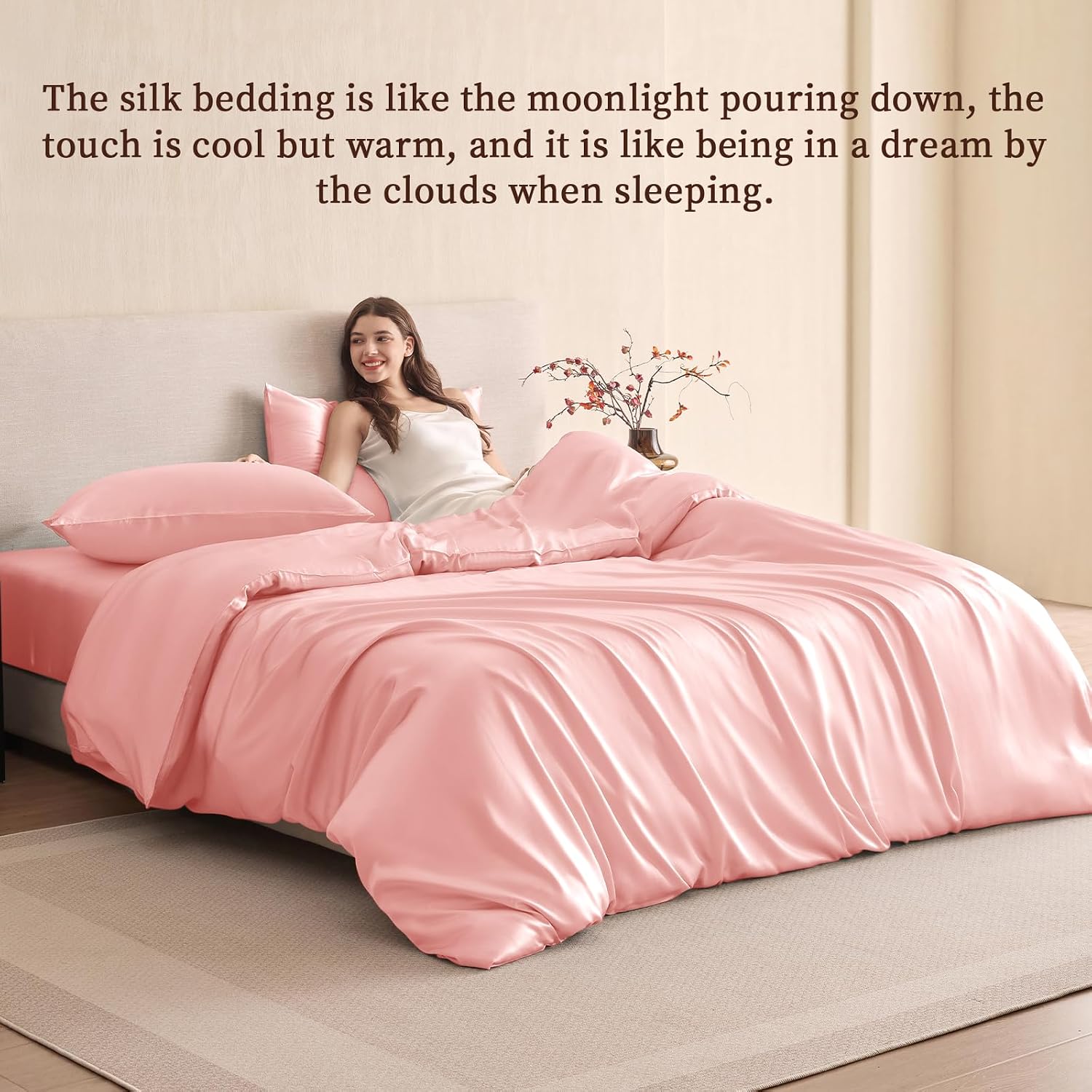 THXSILK 100% Pure Mulberry Silk Duvet Cover Set 3 Piece, 6A+ Grade Luxury Soft Bedding Silk Sheets for Hair and Skin, 1 Pcs Quilt/Comforter Cover with 2 Zippered Pillowcases (Charming Pink, Twin)