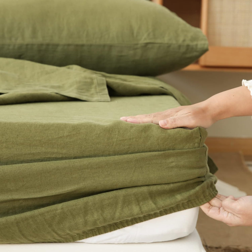Simple&Opulence 100% Linen Sheet Set 3pcs Basic Style, Deep Pocket, Natural French Washed Flax Solid Color Soft Breathable Bed Sheets - Olive Green, Twin