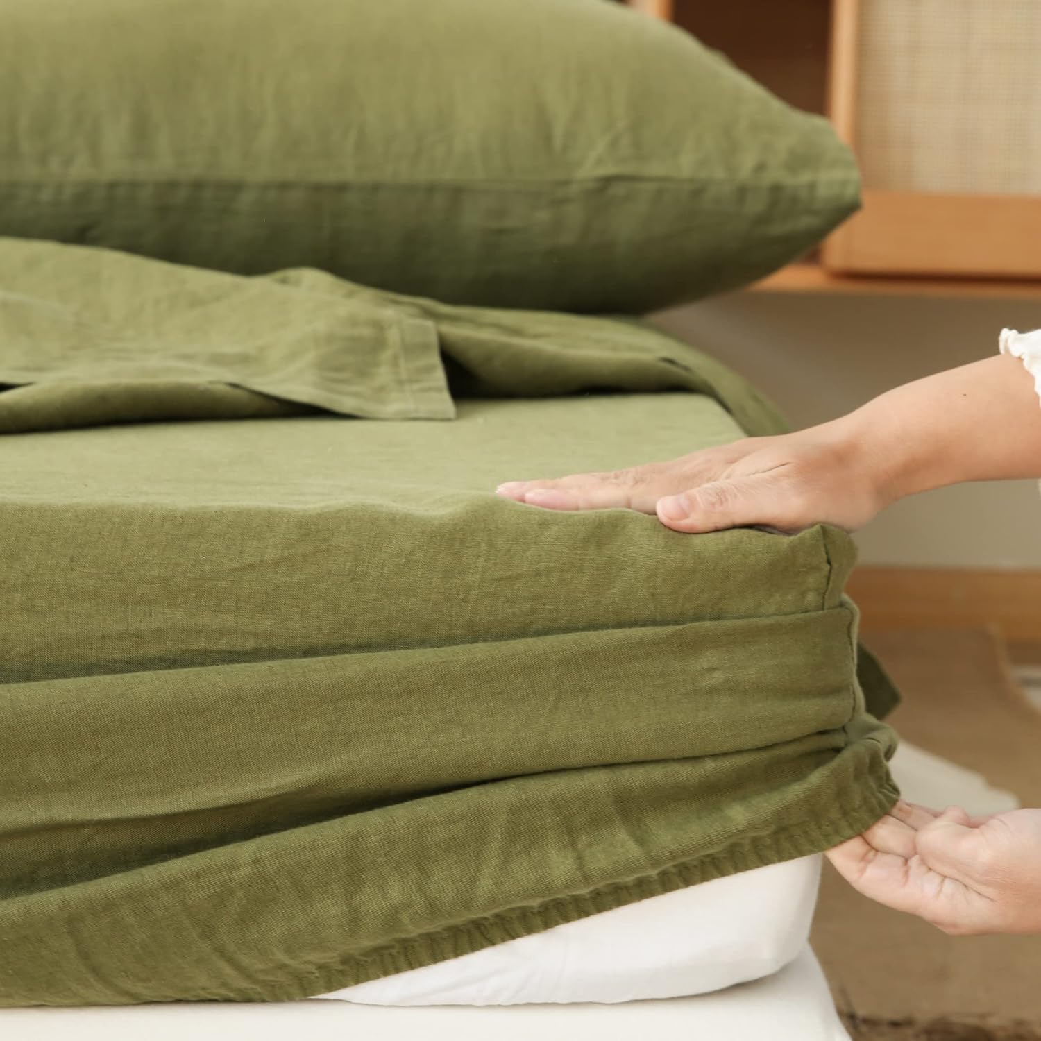 Simple&Opulence 100% Linen Sheet Set 3pcs Basic Style, Deep Pocket, Natural French Washed Flax Solid Color Soft Breathable Bed Sheets - Olive Green, Twin