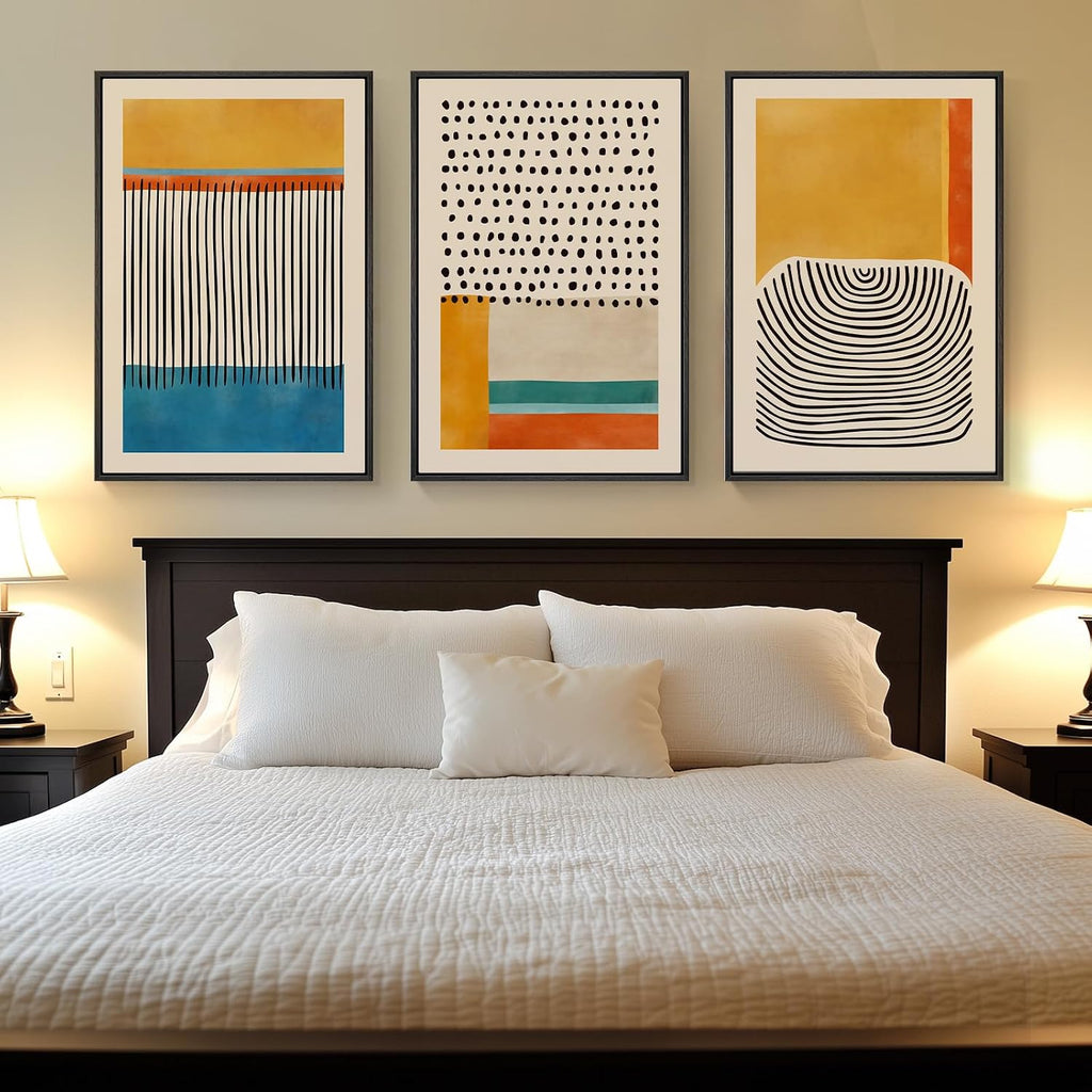 Large Framed Colorful Abstract Wall Art for Living Room, 3 Piece Mid Century Modern Canvas Paintings Prints Artwork for Walls, Yellow Pictures Wall Decor for Bedroom Home Office Hallway, 20x30 Inch