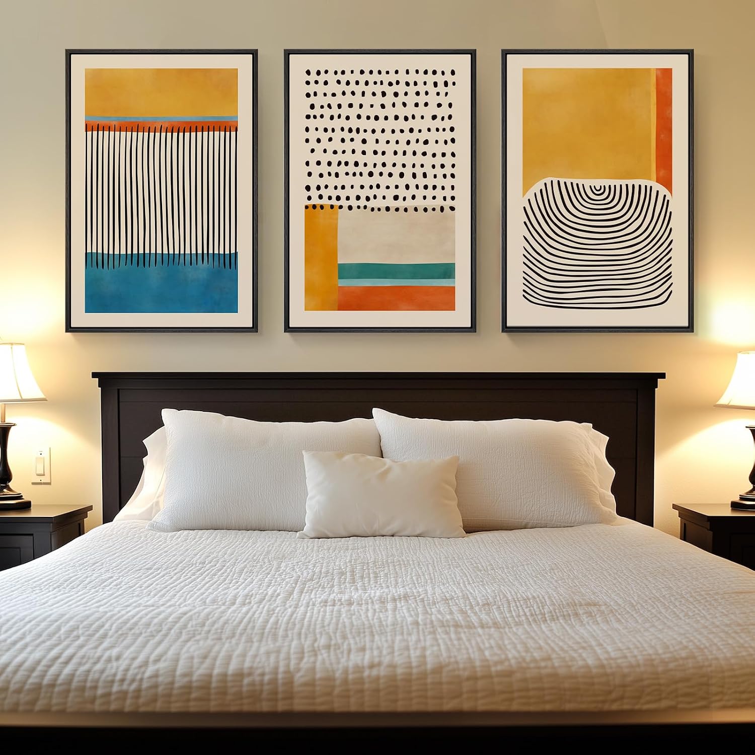 Large Framed Colorful Abstract Wall Art for Living Room, 3 Piece Mid Century Modern Canvas Paintings Prints Artwork for Walls, Yellow Pictures Wall Decor for Bedroom Home Office Hallway, 20x30 Inch