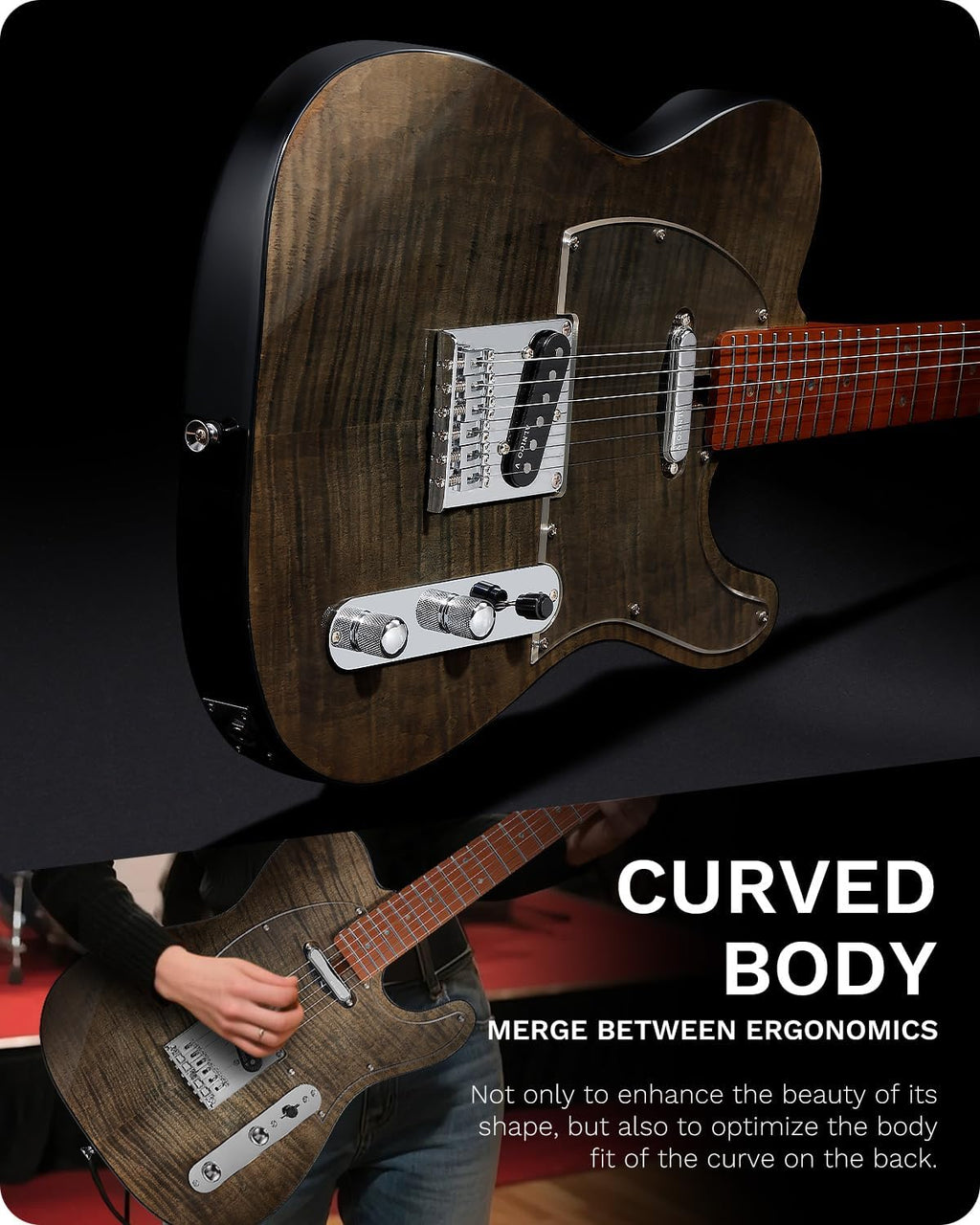 Leo Jaymz TL Electric Guitar - Flame Maple Top, Mahogany Body, Maple Neck - Alnico V Pickups - Solid Choice for Beginners & Intermediate Players (Black Flame)