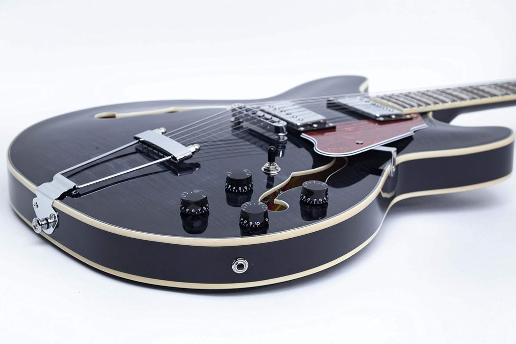 GROTE Jazz Electric Guitar Semi-Hollow Body Trapeze Tailpiece Bridge Guitar Gig Bag (Black)