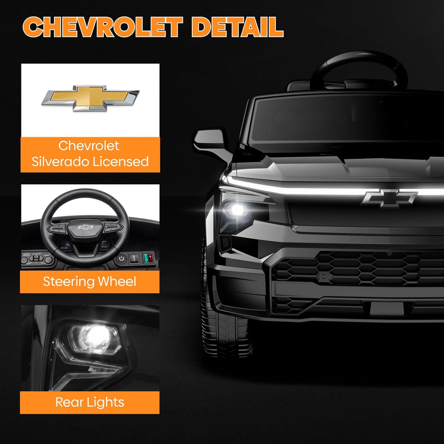24V Licensed Chevrolet Silverado Electric Car for Kids, Ride on Toys for Toddlers with Remote Control, Soft Start, LED Lights, Music Player, Seat Belts, Easy to Assemble, Black