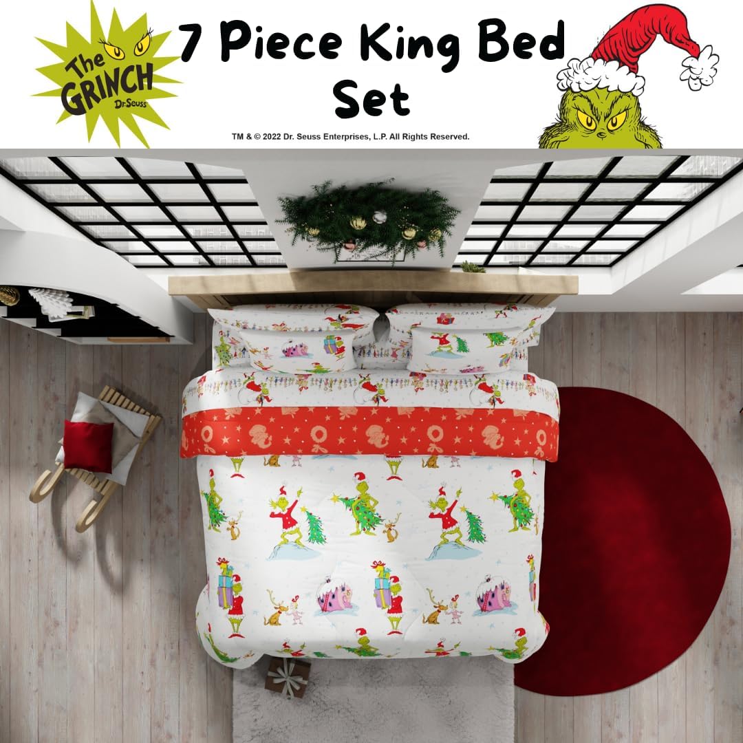 Grinch by Dr. Seuss Holiday & Christmas Bedding Super Soft Comforter and Sheet Set with Sham, 7 Piece King Size (Official Dr. Seuss Product) by Franco