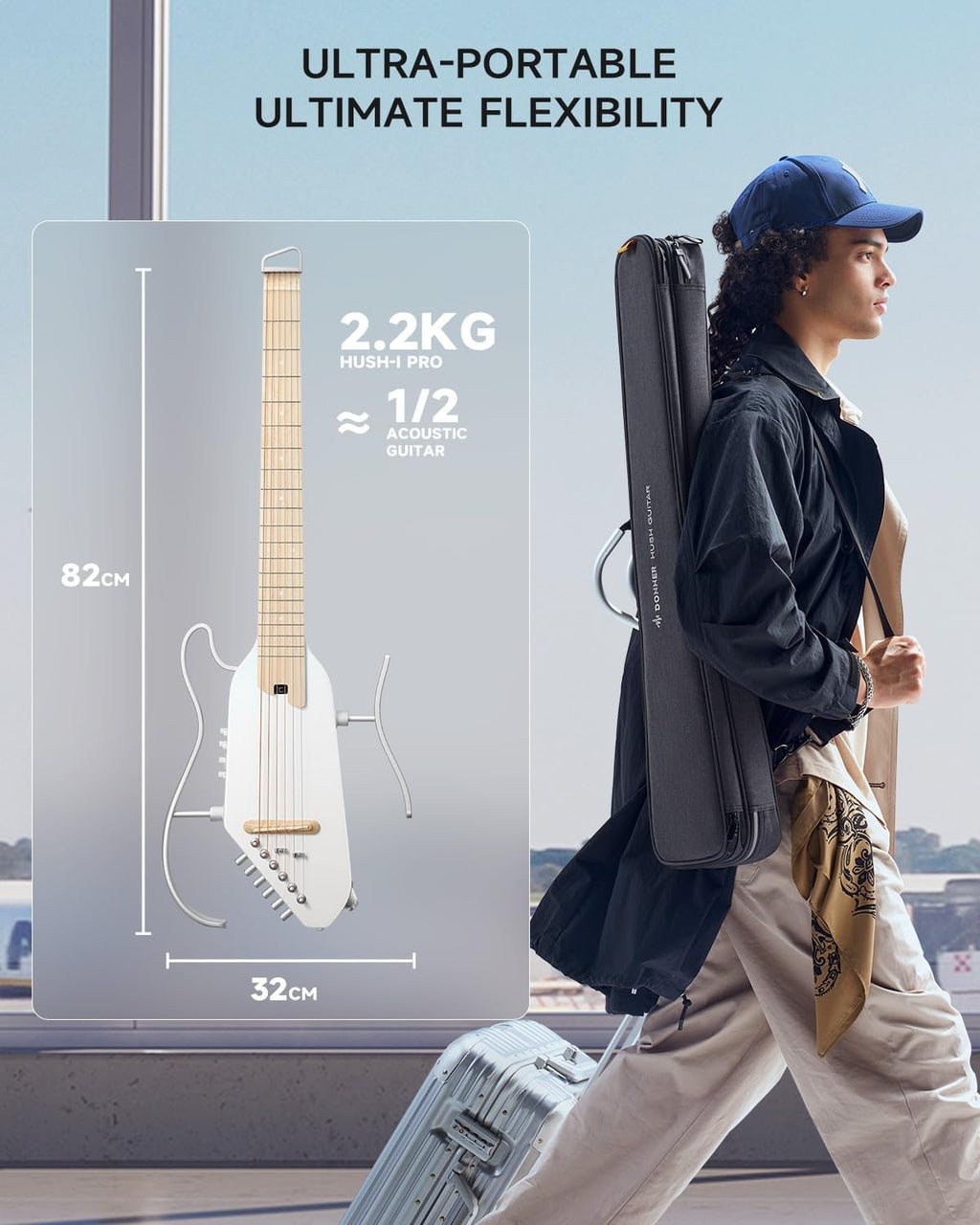Donner Acoustic Electric Guitar HUSH I PRO Travel Guitar with Multiple Effect Modes Smart Guitarra Kit of Earphone, Gig Bag, Strap, Charging Cable