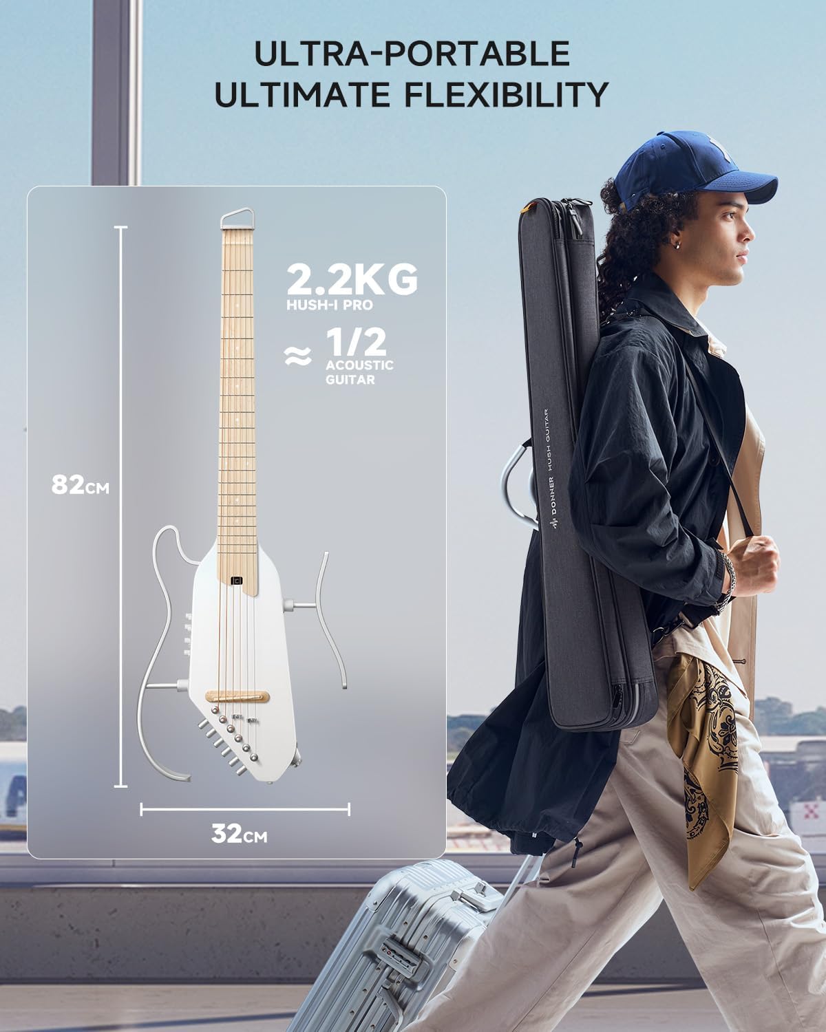 Donner Acoustic Electric Guitar HUSH I PRO Travel Guitar with Multiple Effect Modes Smart Guitarra Kit of Earphone, Gig Bag, Strap, Charging Cable