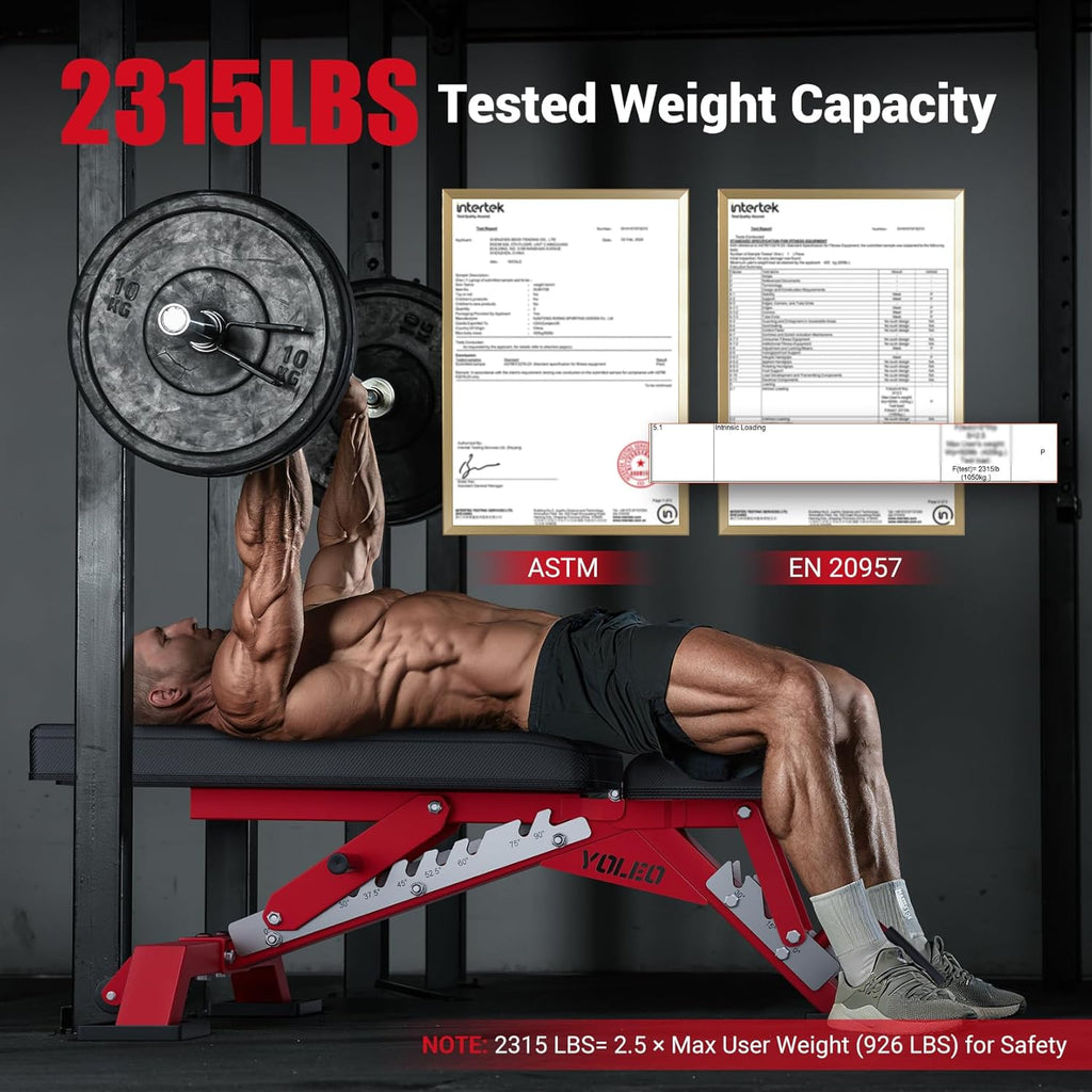 YOLEO Commercial Adjustable Weight Bench 2315LB ASTM Certified – 80% Pre-Assembled Heavy Duty Workout Bench for Home Gym, Decline/Flat/Incline Bench Press, 2.4' Thick Pad & 2 Wheels