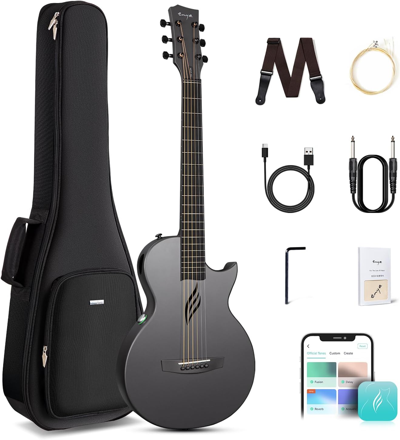 Enya NOVA GO SP1 Carbon Fiber Travel Guitar - 35' Acoustic Electric with Smart AcousticPlus Technology, Built-in Effects, USB Recording, Bluetooth Speaker, Beginner Bundle with Gig Bag & Accessories