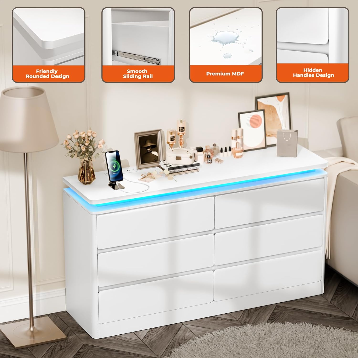 Loomie Upgraded 6 Drawer White Dresser for Bedroom, 47.2' Long Chest of Drawers with Charging Station & LED Lights, Wooden Storage Cabinet Dresser for Closet,Modern TV Stand with Deep Drawers