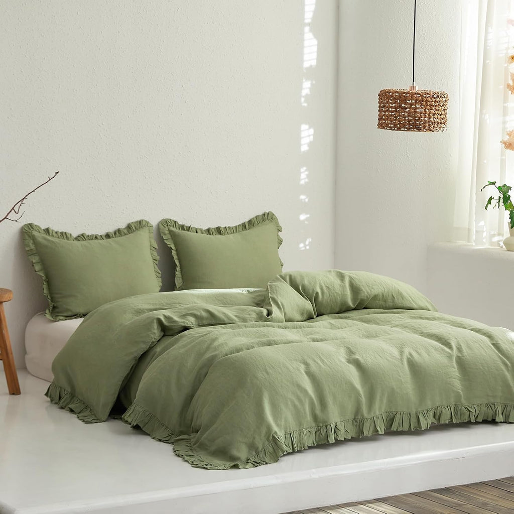 Simple&Opulence 100% Linen Duvet Cover Set, 3 PCS Natural French Flax Sage Green Ruffle Duvet Cover King Size, Breathable Comfy Linen Bedding Comforter Cover with 2 Pillowcases(Sage Green, 104' X 92')