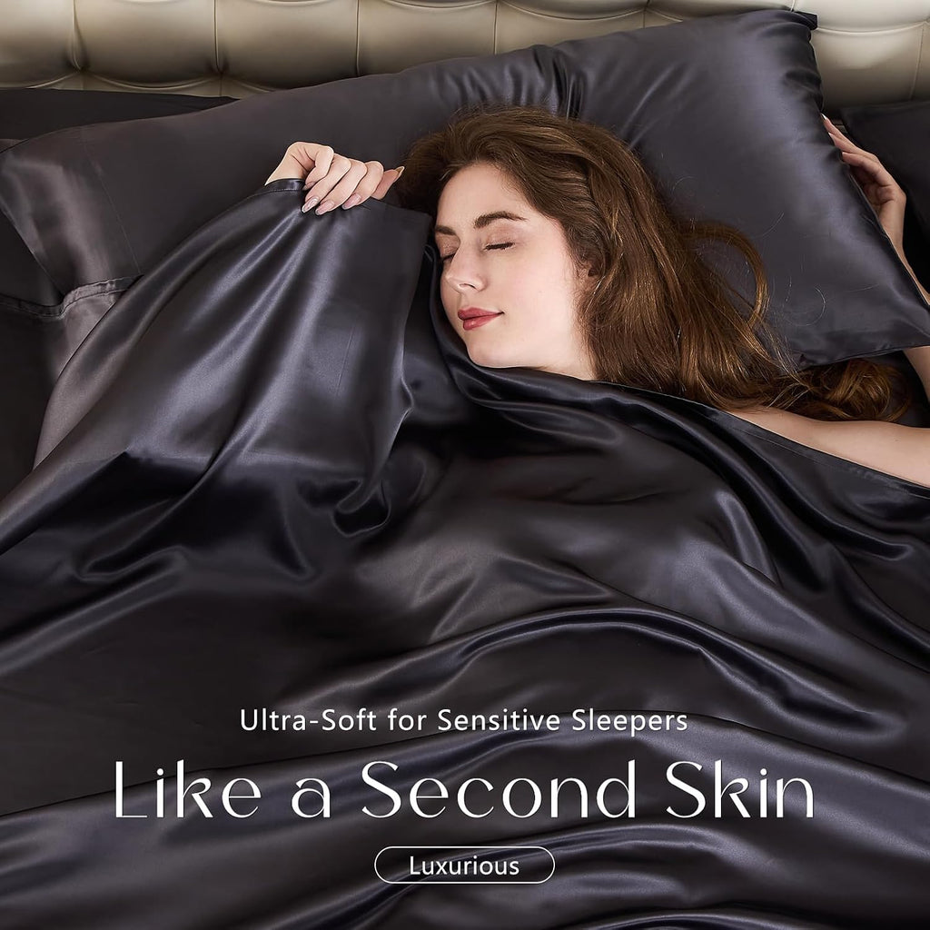 ZIMASILK 100% 19 Momme Pure Mulberry Silk Bedding 4-Pieces Set for Sleeping, Soft, Breathable & Hypoallergenic,for Hair & Skin Care (Queen Gray)
