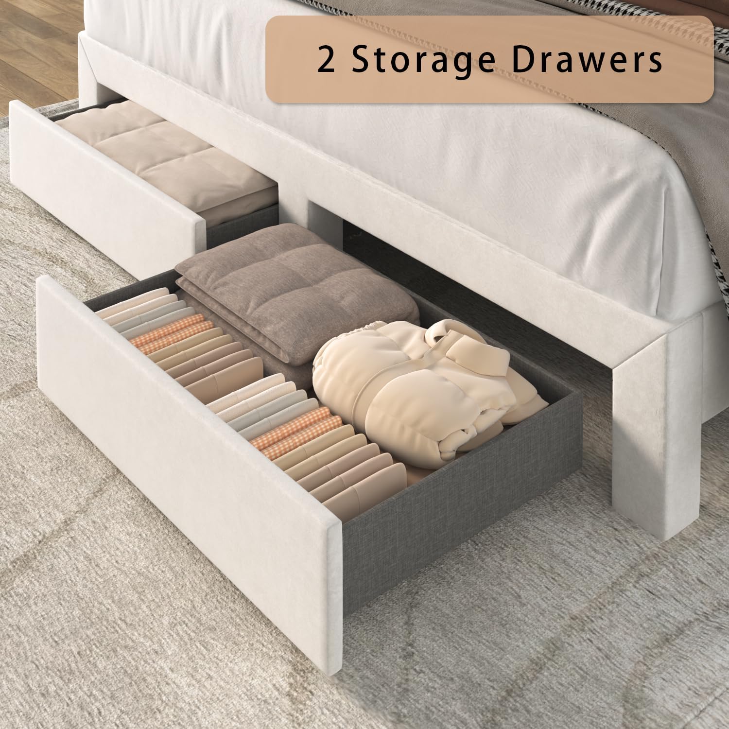 Incyneva Upholstered Full Bed Frame with LED Headboard and Storage Drawer, Velvet Platform Bed Frame Full Size with Charging Station, Adjustable Headboard, No Box Spring Needed, Off White