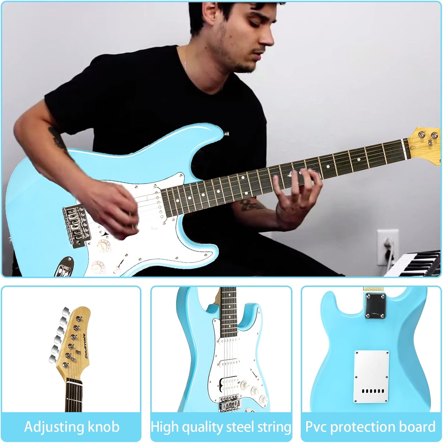 Soulmate 39 Inch Electric Guitar Kit for Beginner Solid Body HSS Full Size Starter Electric Guitar with Amplifier, Bag, Capo, Strap, String,Cable, Picks, Blue