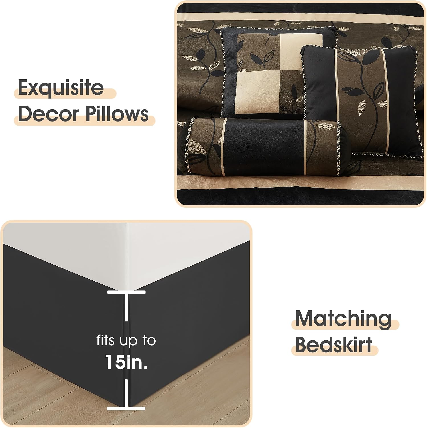 LANCO MODERN LIFESTYLE Black and Gold Comforter Set, Full, Short Plush Print with Leaves Pattern, Ultra Soft, 7 Piece Bedding Set, Bed in a Bag, Bedskirt, Shams and Decorative Pillows