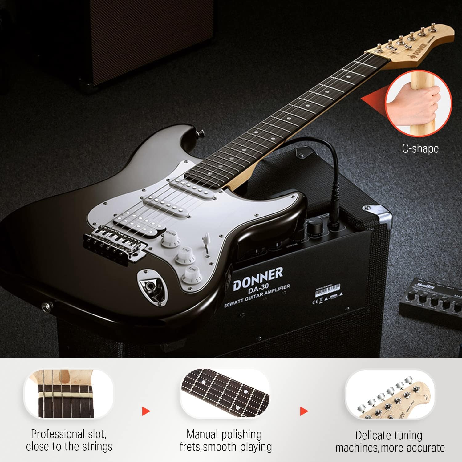 Donner DST-100B 39 Inch Electric Guitar Beginner Kit Solid Body Full Size Black HSS for Starter, with Amplifier, Bag, Digital Tuner, Capo, Strap, String,Cable, Picks