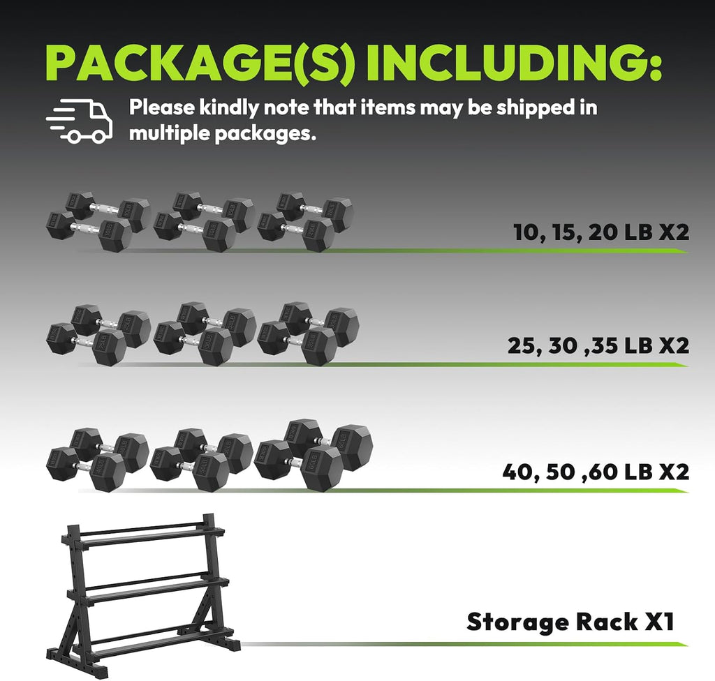 HANDBODE Hex Dumbbell Set with Rack, 300-840 lb Rubber Coated Fixed Weights Sets with Heavy Duty Storage Stand, Hexagon Shape, Multiple Weight Options Home Gym Equipment for Strength Training