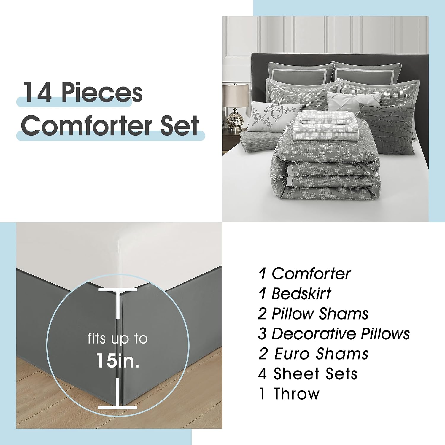 LANCO MODERN LIFESTYLE Grey Queen Comforter Set, Classic Jacquard Floral 14 Pieces Bedding Set, Ultra Soft for All Seasons, Sheets, Bedskirt, Throw, Matching Shams and Decor Pillows