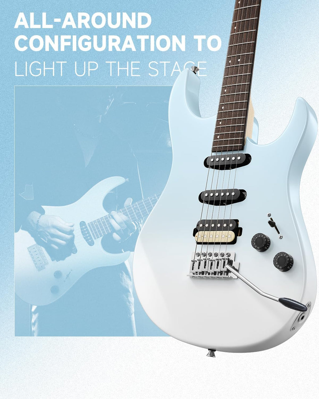 Donner DMT-66 Solid Body Electric Guitar Kit for Beginners, Full Size 39' Electric Guitar with HSS Pickups, Poplar Body, Maple Neck, Starter Guitar with Gig Bag, Strap, Whammy Bar Arm, Gradient Blue
