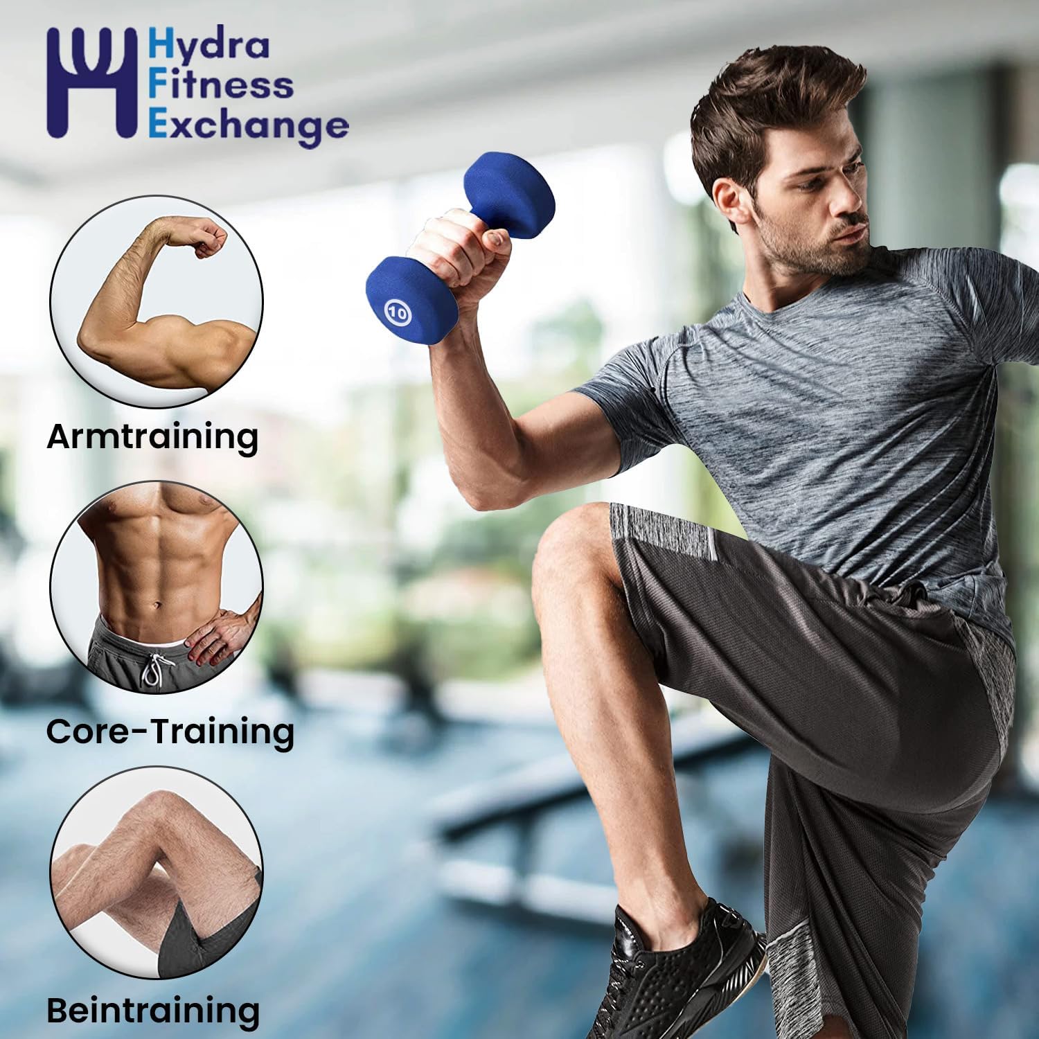 Neoprene Coated Fitbell Dumbbell (1LB to 10LB Pack of 1, 2, 4) | Dumbbell Set for Women & Men Durable Anti-Roll Anti-Slip Colour Blue | Ideal for Arm Rows Squats Chest Presses Bicep Curls