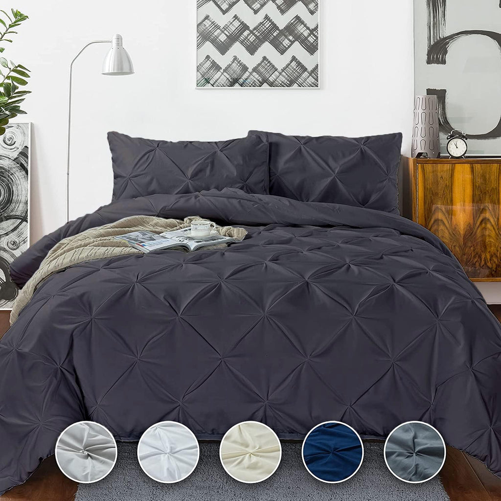 Crown Collection 1000-TC Hypoallergenic Ultra Soft Design 100% Egyptian Cotton Pinch Plated Duvet Cover with Zipper Colser & 2pcs Pillow Case Set (Eastern King Size (118' x 110'), Dark Gray)