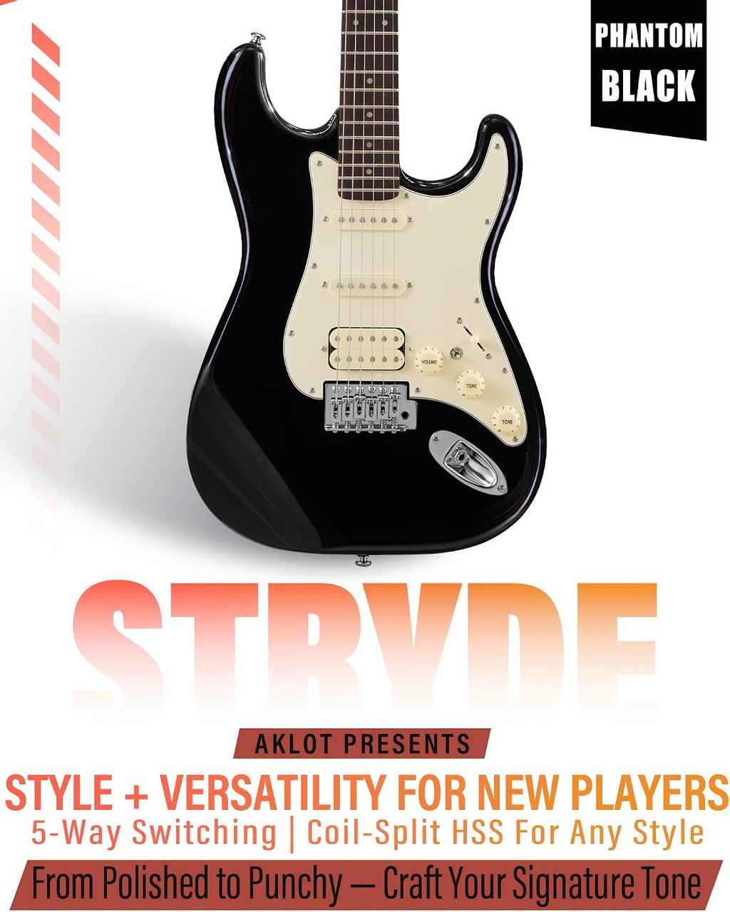 AKLOT Beginner Electric Guitar Kit: 10W Amp, Coil-Split HSS Pickups, Lesson Book, Roasted Maple Neck, Gig Bag, Tuner, Strap, Picks, Stryde Phantom Black