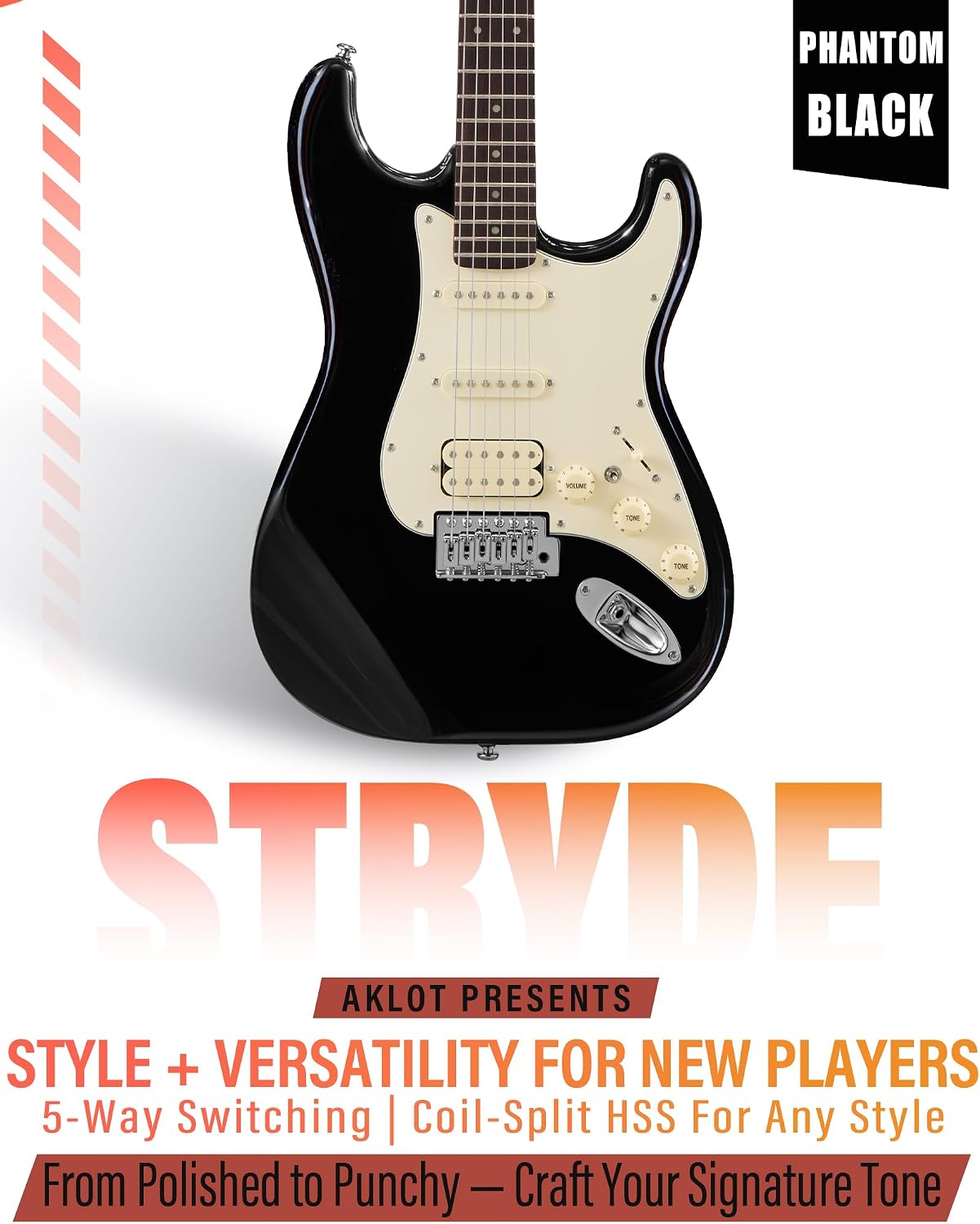 AKLOT Beginner Electric Guitar Kit: 10W Amp, Coil-Split HSS Pickups, Lesson Book, Roasted Maple Neck, Gig Bag, Tuner, Strap, Picks, Stryde Phantom Black