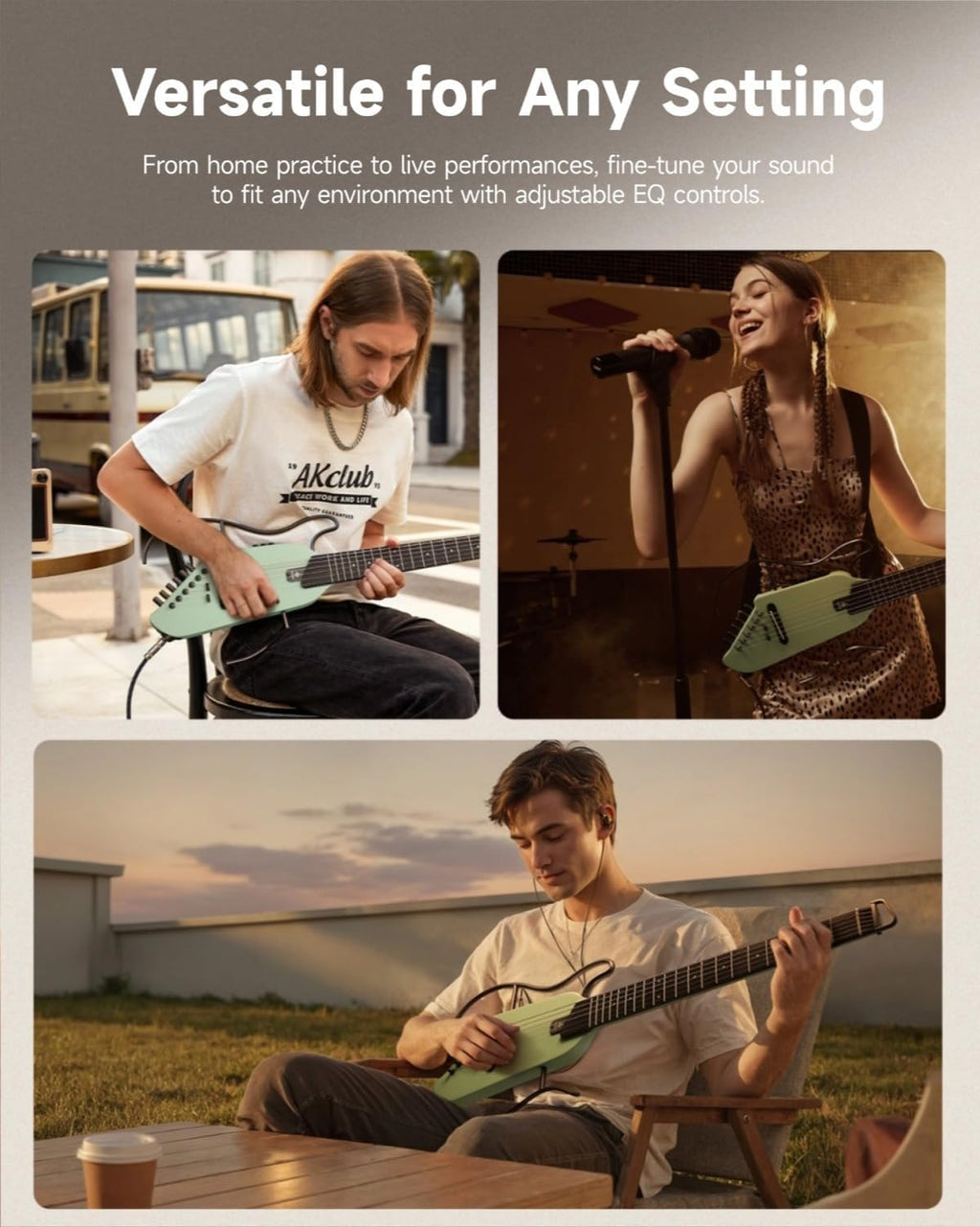 Donner HUSH-I Guitar For Travel, Portable Ultra-Light and Quiet Performance Headless Acoustic-Electric Guitar, Maple Body with Removable Frames, Gig Bag, and Accessories，Mint Green