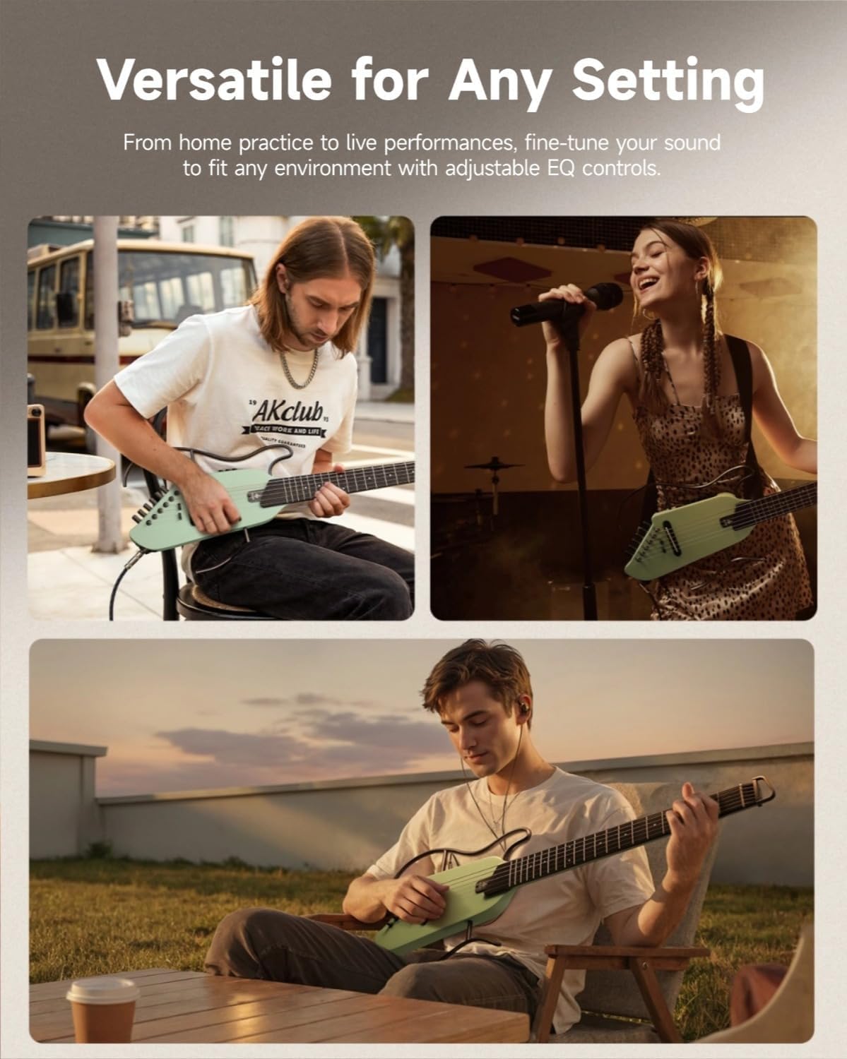 Donner HUSH-I Guitar For Travel, Portable Ultra-Light and Quiet Performance Headless Acoustic-Electric Guitar, Maple Body with Removable Frames, Gig Bag, and Accessories，Mint Green