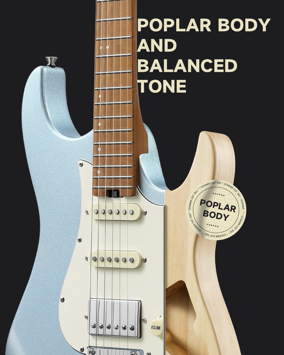 Donner 39 Inch Electric Guitar, DST-550 Solid Double-cut Poplar Body Electric Guitar for Intermediate & Pro Players, 7 Tone-switching Options & Tremolo Bridge, Bonus Bag, Ice Blue