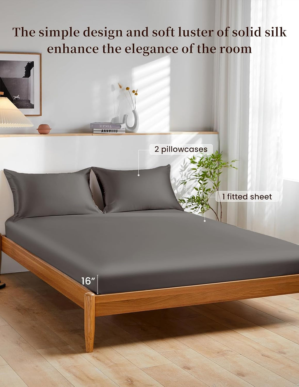 THXSILK 100% Mulberry Silk Bed Sheet Set - 3pcs Pure Silk Sheet Set - 16' Deep Pocket Fitted Sheet, 2 Pack Silk Pillowcase with Zipper Closure - Full Size, Dark Grey
