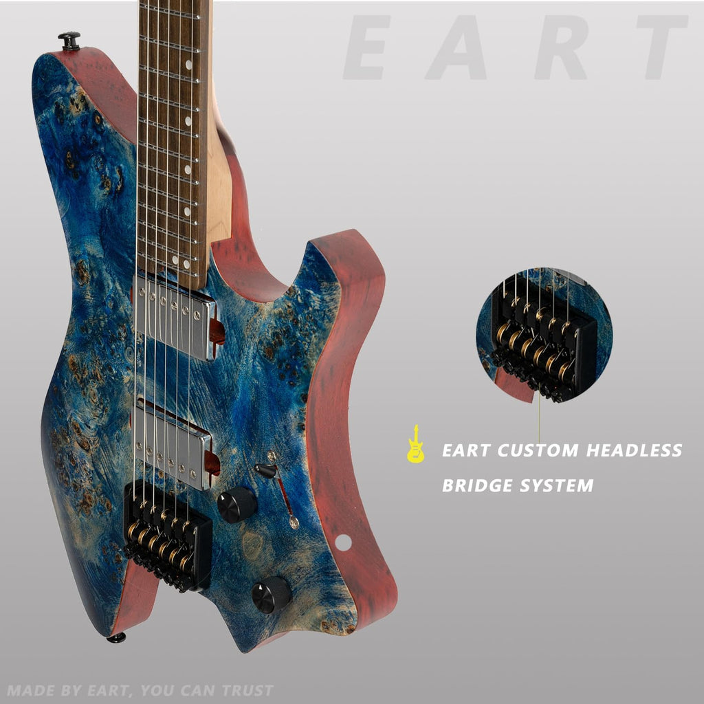 EART Electric Guitar GW2 Headless fix Bridge for 6 String Travel Guitar Small But Full-scale Guitar Ultra-Light For Travel and Performance Right Solid-Body Electric Guitar, Blue