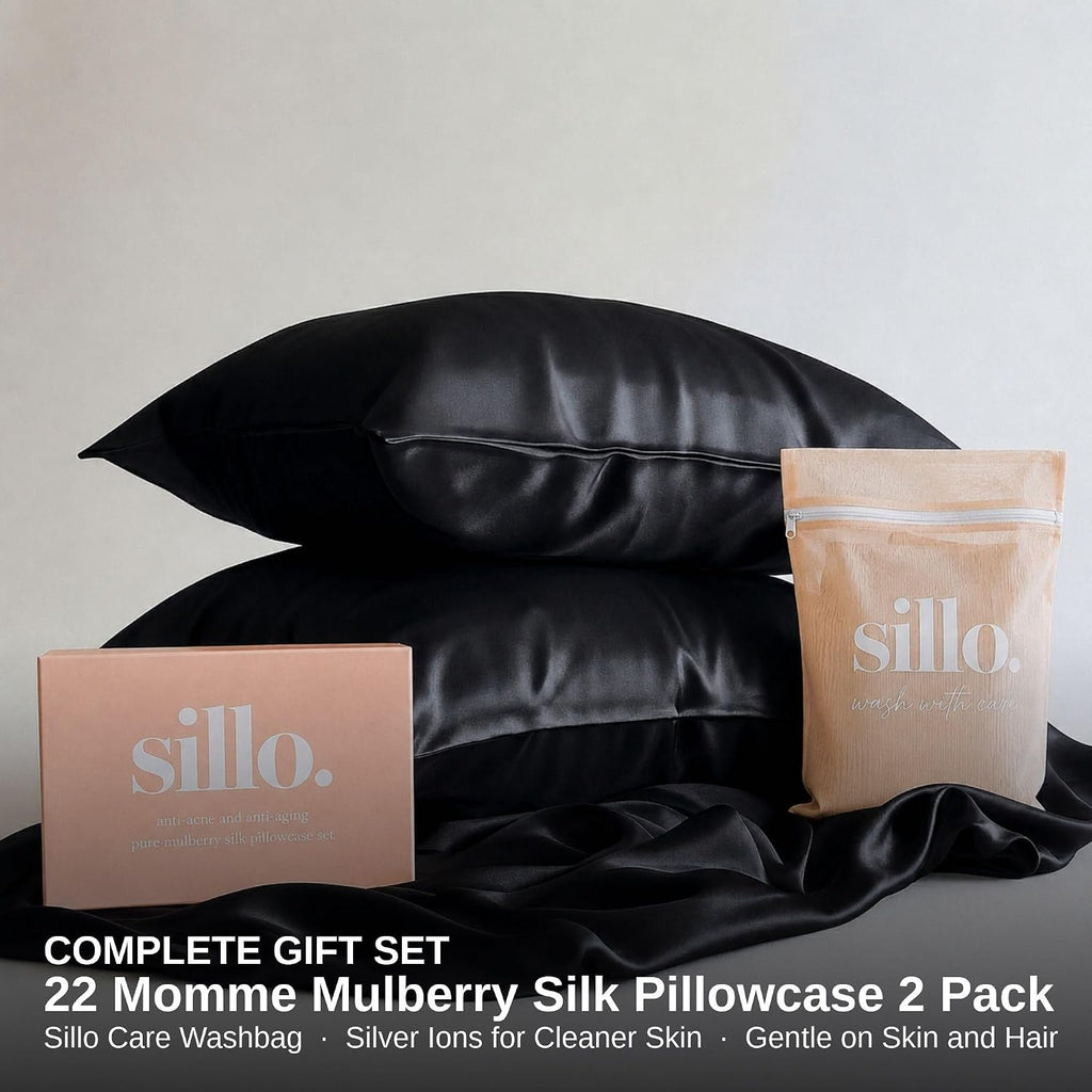 Sillo Silk Pillow Cases 2 Pack - 22 Momme Mulberry Silk Pillowcases for Hair and Skin, Anti Acne Pillow Case, Hypoallergenic Silver-Infused, Envelope Closure, King (Black)
