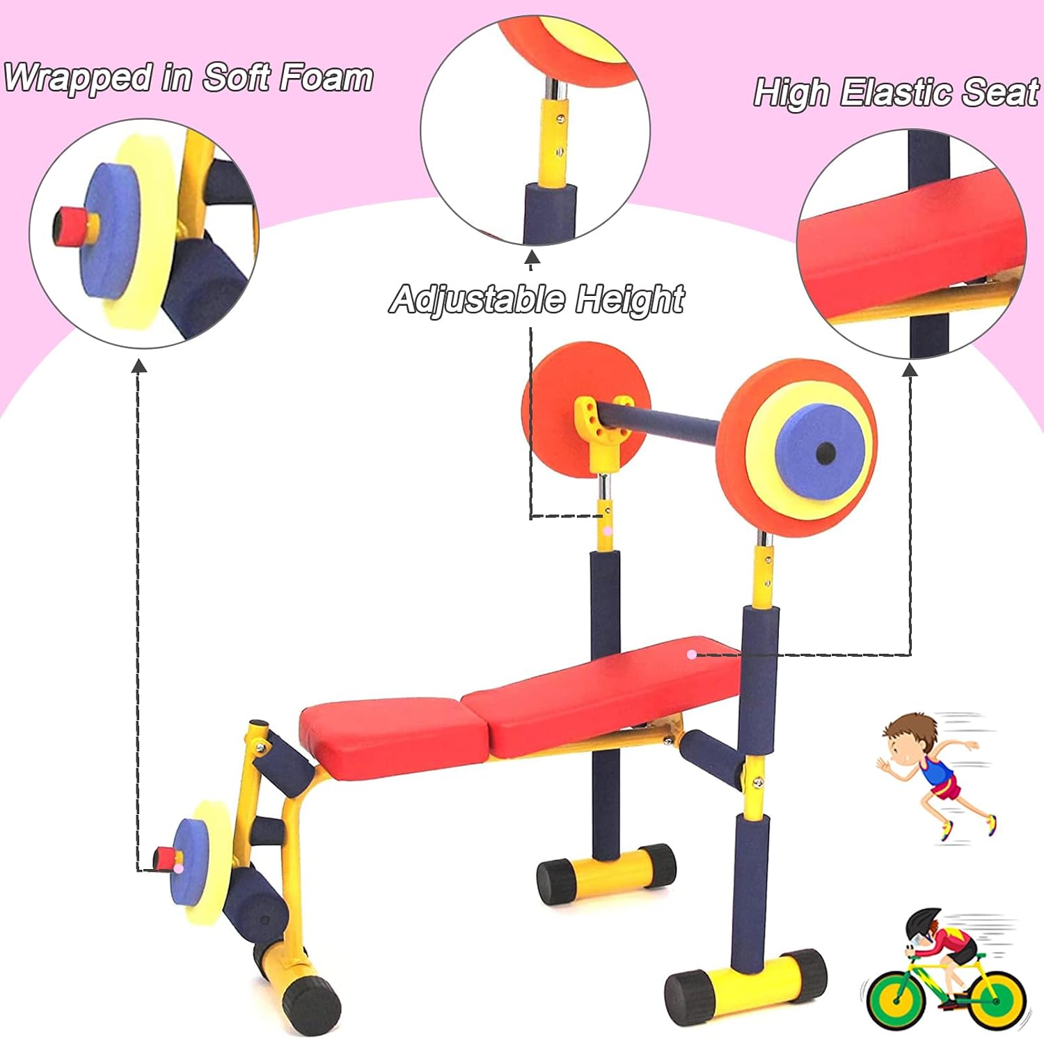 Bench and Leg Press for Kids, Fitness Exercise Equipment for Kids, Children Workout Barbell Dumbbell Weight Set for Ages 3-12 Year Old