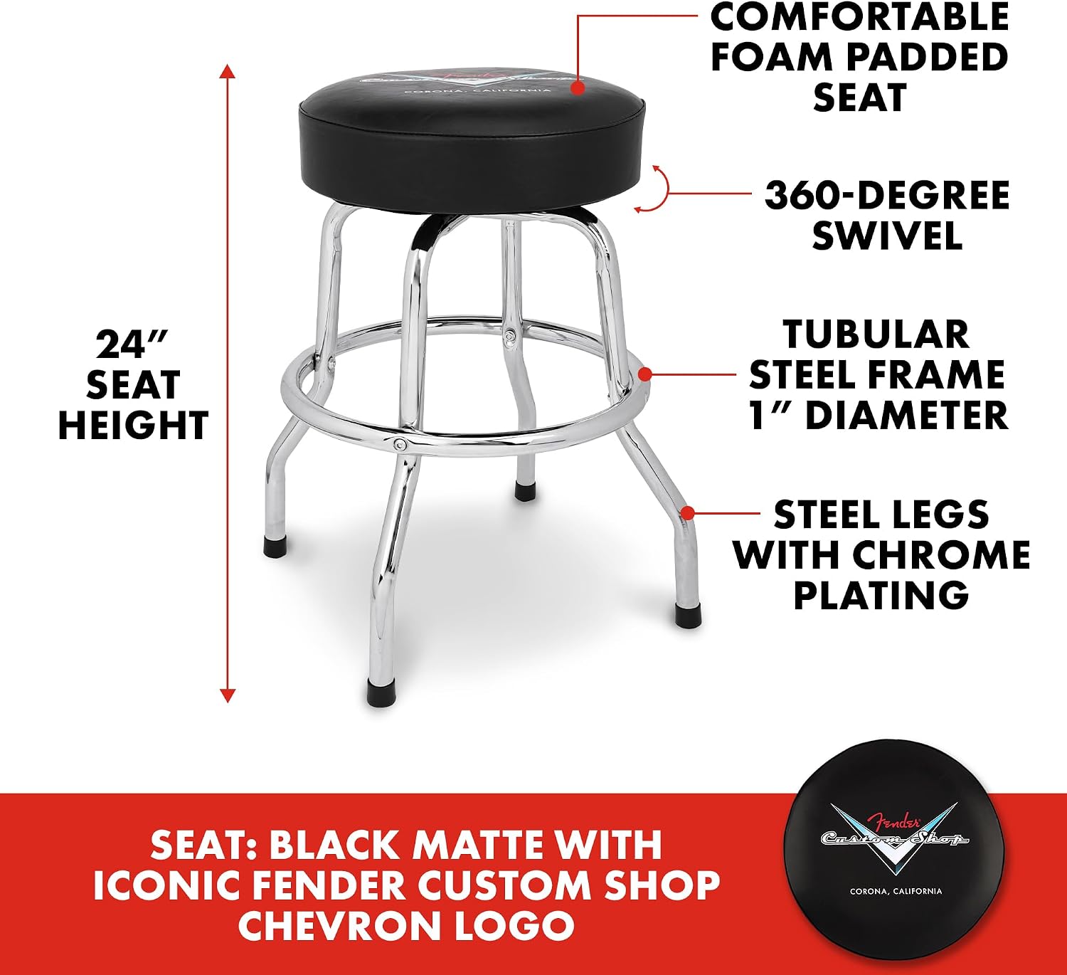 Fender Custom Shop Chevron Logo Swivel Barstool, Great Gifts for Dad, with 1 Year Limited Warranty, Simple Assembly, Black/Black, 24'