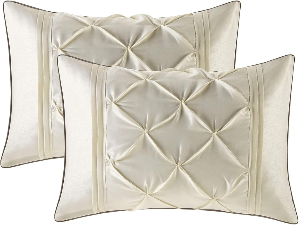Madison Park Essentials Room in a Bag Faux Silk Comforter Set - Luxe Diamond Tufting All Season Bedding, Matching Curtains, Decorative Pillows, Ivory Cal King(104'x92') 24 Piece
